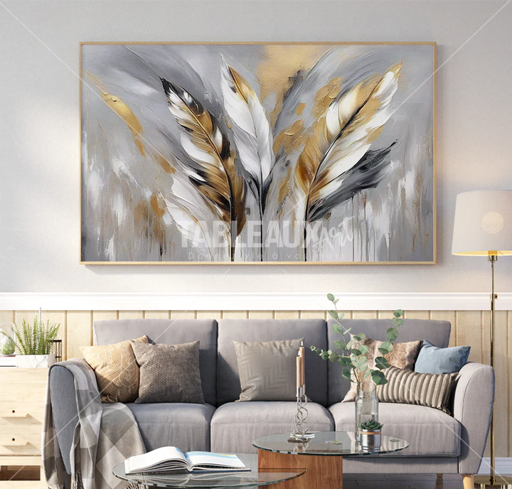 Plumes Dorées : toile décorative abstrait - Tableaux Art